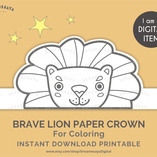 Lion coloring page printable, Lion paper crown to color DIY, King of the jungle party hat supply for kids, Instant download JPG