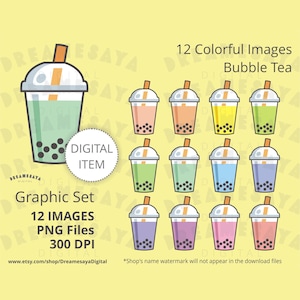 May include: Set of 12 digital images of colorful bubble tea cups with tapioca pearls. The cups are in various colors, including green, blue, purple, pink, yellow, and orange. The images are 300 DPI and are perfect for use in digital projects.