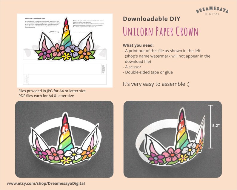 Unicorn printable paper crown Unicorn headpiece Downloadable | Etsy