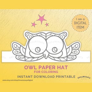 Könnte beinhalten: Ausdruckbarer Eulen-Papierhut zum Ausmalen. Der Hut ist in Form einer Eule mit großen Augen und gefiederten Flügeln gestaltet. Der Text "Ich bin ein DIGITALER ARTIKEL" befindet sich in einem Kreis oben rechts im Bild.