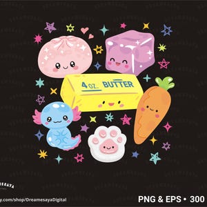 May include: A digital illustration featuring a pink mochi, a purple ice cube, a yellow stick of butter labeled 4 oz. BUTTER, a blue axolotl, an orange carrot, and a white paw print, all with smiling faces surrounded by colorful stars on a black background.