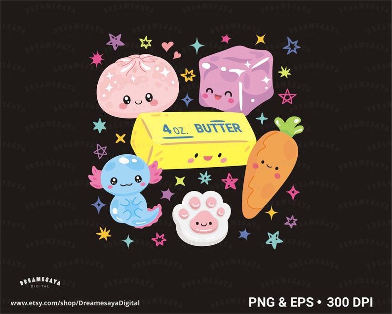 May include: A digital illustration featuring a pink mochi, a purple ice cube, a yellow stick of butter labeled 4 oz. BUTTER, a blue axolotl, an orange carrot, and a white paw print, all with smiling faces surrounded by colorful stars on a black background.