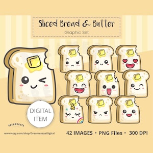 Op de afbeelding: Een set van 42 digitale afbeeldingen met schattige cartoon-broodslices met verschillende uitdrukkingen. Het brood is wit met een gele boterplak erop. De afbeeldingen zijn in PNG-formaat en 300 DPI. De tekst "Sliced Bread & Butter Graphic Set" staat bovenaan de afbeelding.