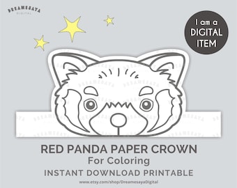Red panda paper crown DIY coloring party hat PDF & JPG files download