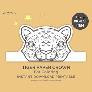 Kolorowanka tygrysa PDF do wydrukowania DIY papierowa korona dżungla kapelusz imprezowy rzemiosło JPG natychmiastowe pobranie