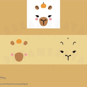 May include: A digital clipart set of a llama face with different expressions. The llama has brown fur, a brown nose, and black eyes. The expressions include a happy face, a surprised face, and a sad face.