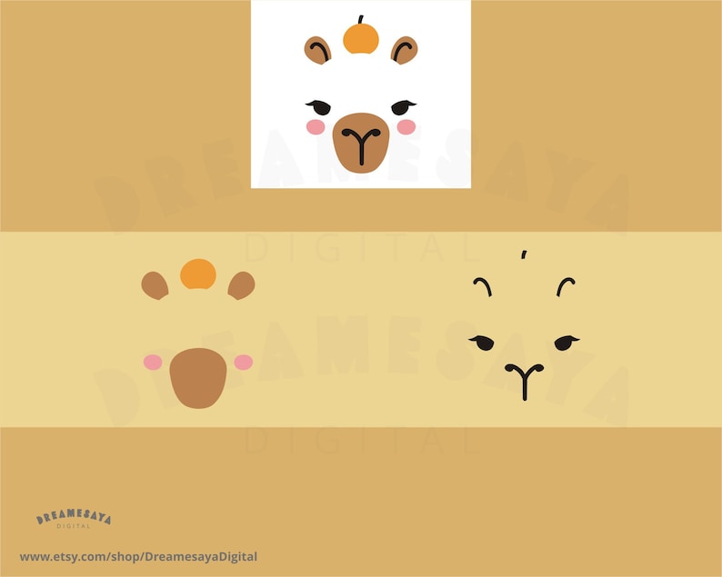 May include: A digital clipart set of a llama face with different expressions. The llama has brown fur, a brown nose, and black eyes. The expressions include a happy face, a surprised face, and a sad face.