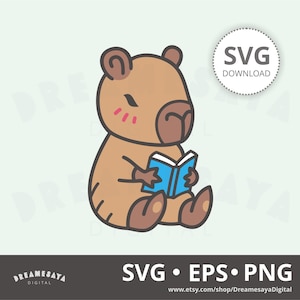 Reading capybara SVG kawaii cute cartoon rodent with an open book layered cut file and clip art