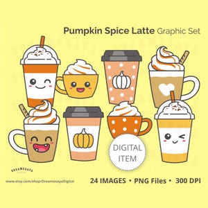 Pumpkin spice latte graphic set. Various cartoon cups of seasonal autumn drink with cute faces in different moods, in warm orange colors. 24 images, png files, 300 dpi.