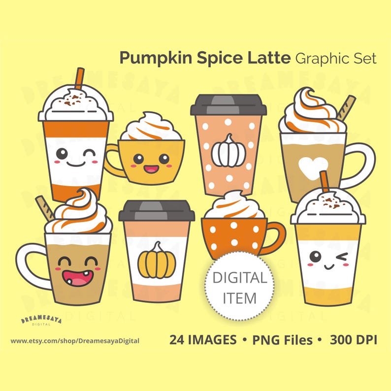 Pumpkin spice latte graphic set. Various cartoon cups of seasonal autumn drink with cute faces in different moods, in warm orange colors. 24 images, png files, 300 dpi.