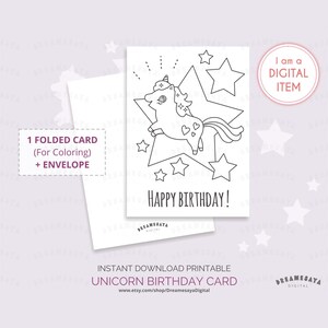 Carte d'anniversaire licorne JPG à colorier à imprimer, animal magique mignon, fichier à colorier à télécharger pour les enfants