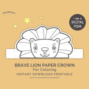 Pagina da colorare del leone JPG stampabile, carta da safari, corona, cappello da festa nella giungla, fornitura fai da te, download immediato