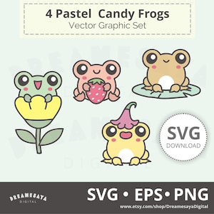 Whimsy froggy SVG adorable cartoon pastel frogs with flowers, strawberry and lily pad clip art and layered cut files