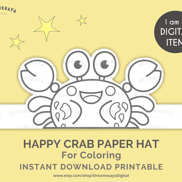 Crab paper hat for coloring download, Printable crab ocean theme party crown black and white version, Kids gift bag filler