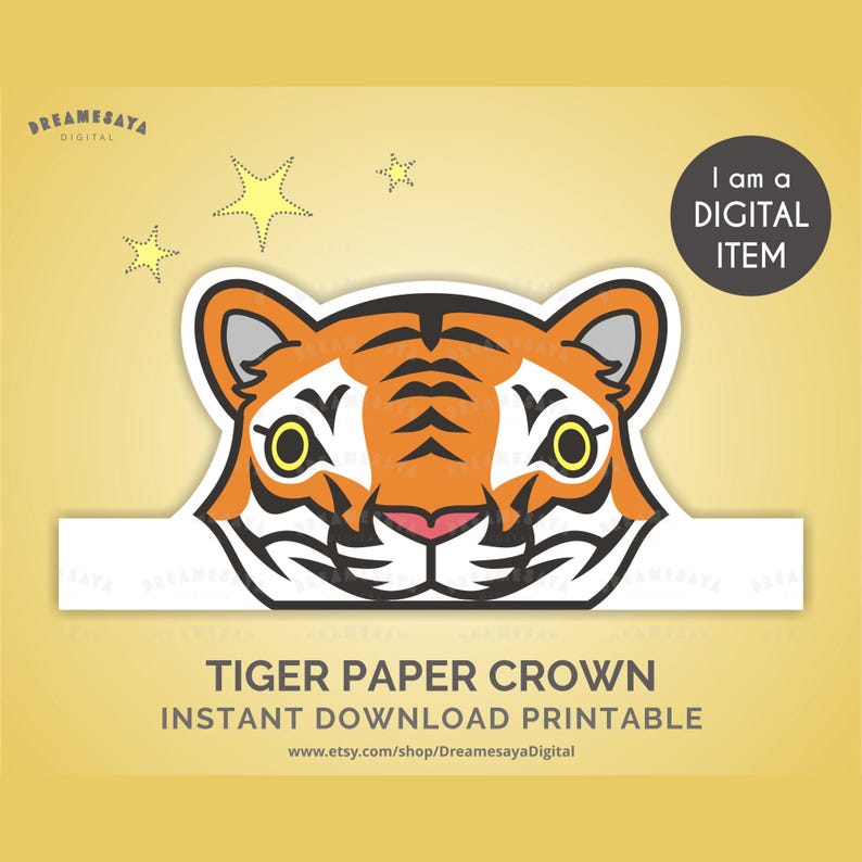 Small yellow stars in the background. Large image of paper crown design of a cartoon orange, black, and white tiger head.
Text: Tiger paper crown instant download printable.