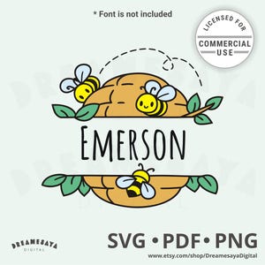 Bijenkorf gesplitst frame SVG schattige naam monogram of tekstrandontwerp gelaagde snijbestanden en illustraties