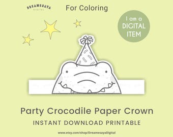 Crocodile paper crown PDF kids safari animal DIY coloring party hat JPG printable files