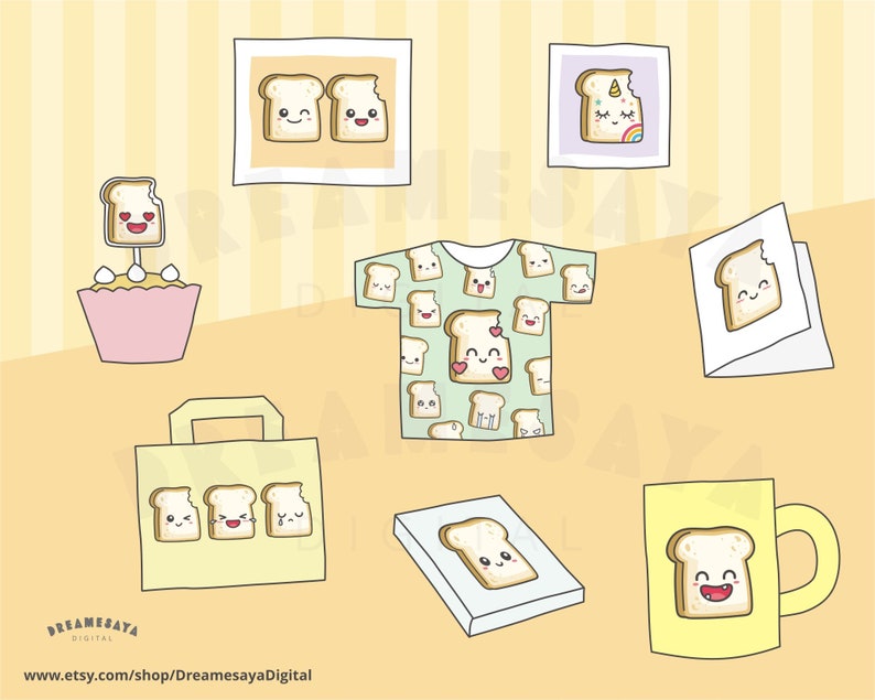 May include: A set of cute cartoon bread themed products, including a t-shirt, a mug, a tote bag, a card, a cupcake, and a box. The bread has a smiling face and a bite taken out of it.