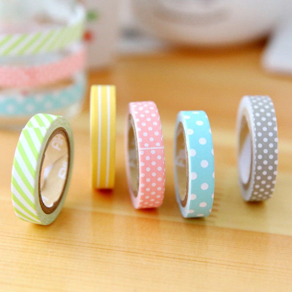 5 masking Tape Washi bunte Punkte Pastell "Gingham" Streifen