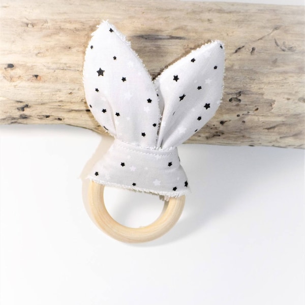 Rattle teething ears rabbit 100% cotton and natural wood stars