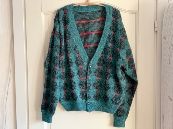 Vintage Soviet Cardigan Sweater Blue Green Fuzzy S