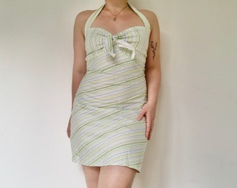 Y2K Striped Green Mini Summer Dress 00s Fashion Vintage Halterneck Sweetheart Neckline Tie Front Dress Size M 38