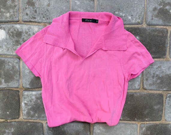 Vintage y2k 00s Hot Knit Top Pink Collared Blouse… - image 5