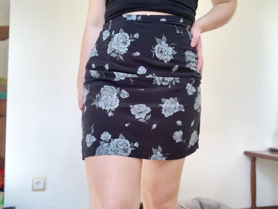 Vintage 1990s Black Mini Skirt Mall Goth Rose Pri… - image 1