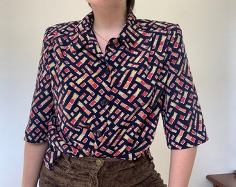 Vintage 1980s Soviet Button Up Shirt Retro Shoulder Pads Dark Etsy