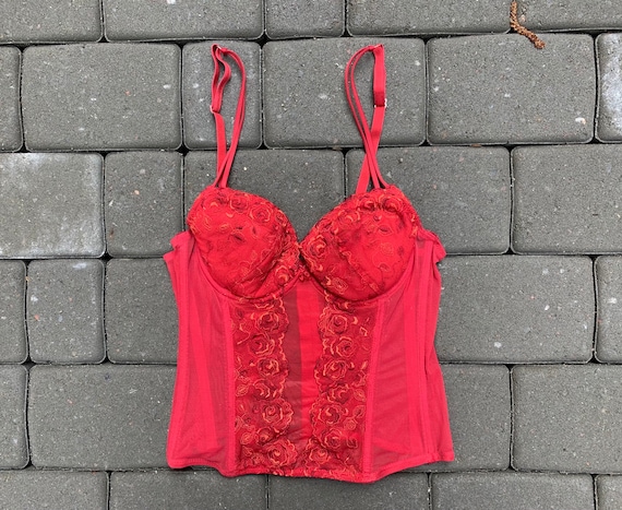 Vintage 1990s Lingerie Top Red Lace Mesh Dainty S… - image 2