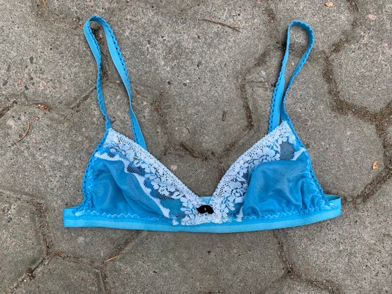 Vintage 80s Bra Blue Lace Brasserie Lingerie 1980s 90s Unwired