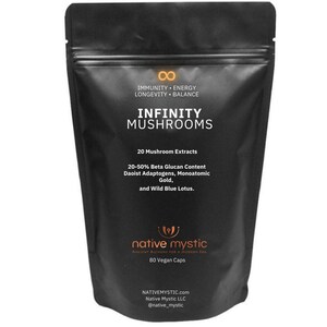 May include: Black pouch with white text that reads "INFINITY MUSHROOMS" and "native mystic ANCIENT ALCHEMY FOR A MODERN ERA". The pouch contains 80 vegan capsules of mushroom extract.