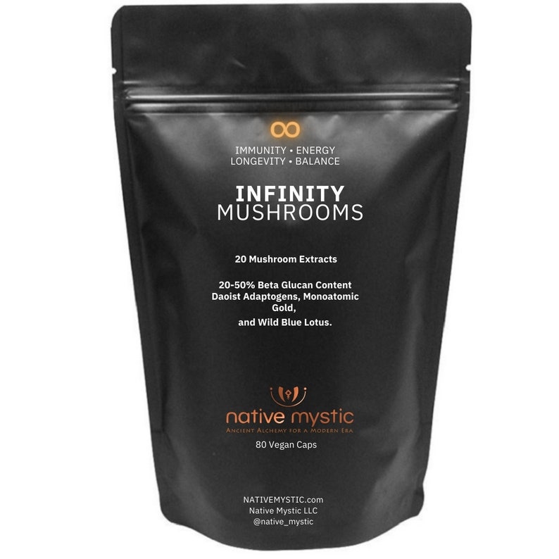 May include: Black pouch with white text that reads "INFINITY MUSHROOMS" and "native mystic ANCIENT ALCHEMY FOR A MODERN ERA". The pouch contains 80 vegan capsules of mushroom extract.