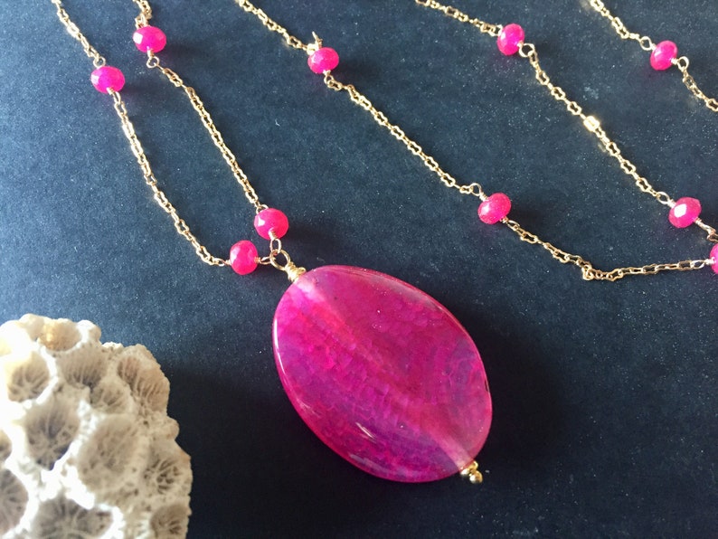 Ruby and gold filled Gatsby style long necklace with fuchsia agate pendant