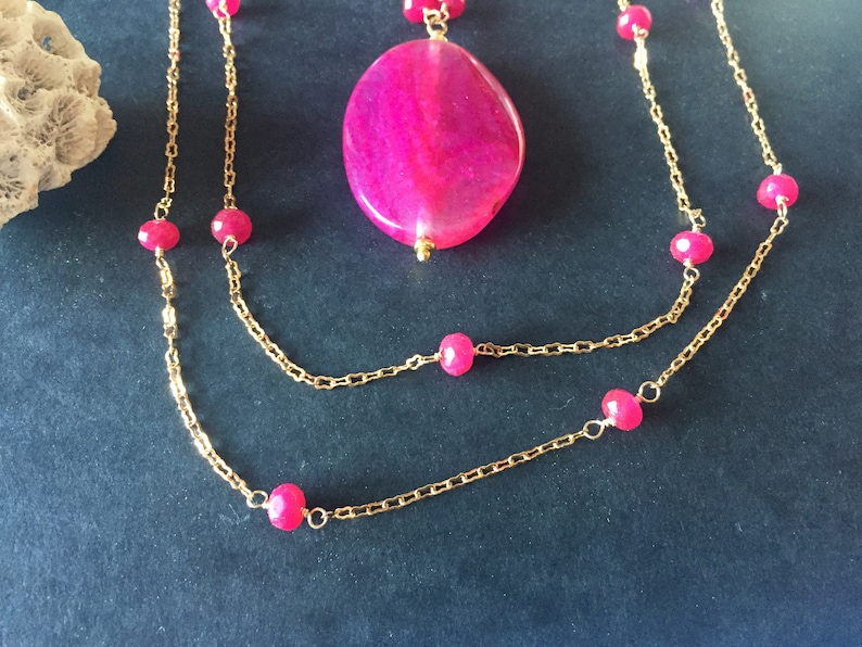 Ruby and gold filled Gatsby style long necklace with fuchsia agate pendant