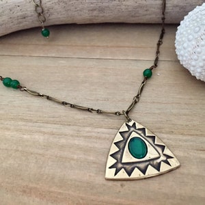 Lupita aztec-inspired necklace, with green agate cabochon and jade beads