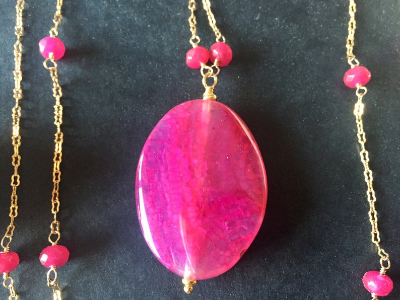 Ruby and gold filled Gatsby style long necklace with fuchsia agate pendant