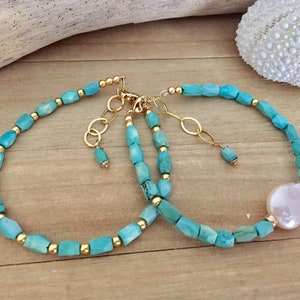 Arizona natural turquoise bracelet with 14k gold filled components and baroque pearl