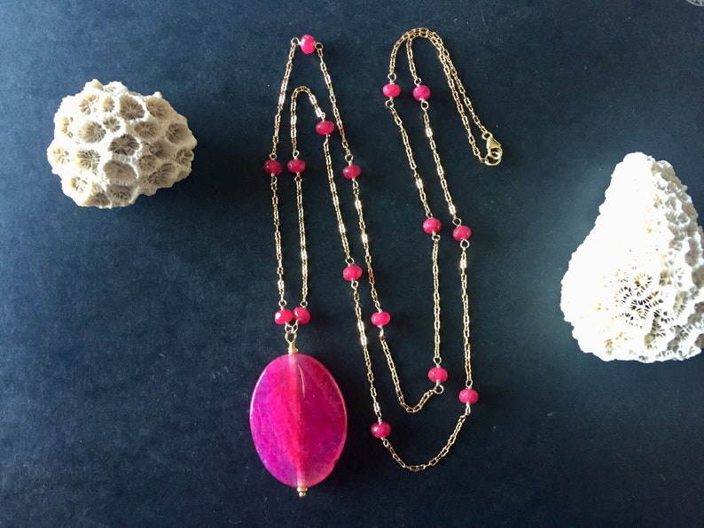 Ruby and gold filled Gatsby style long necklace with fuchsia agate pendant