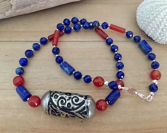 Collier Touareg Perles Bleues & Lapis Lazuli - Artisanat Africain, Argent, 36-40 Cm, Occasion
