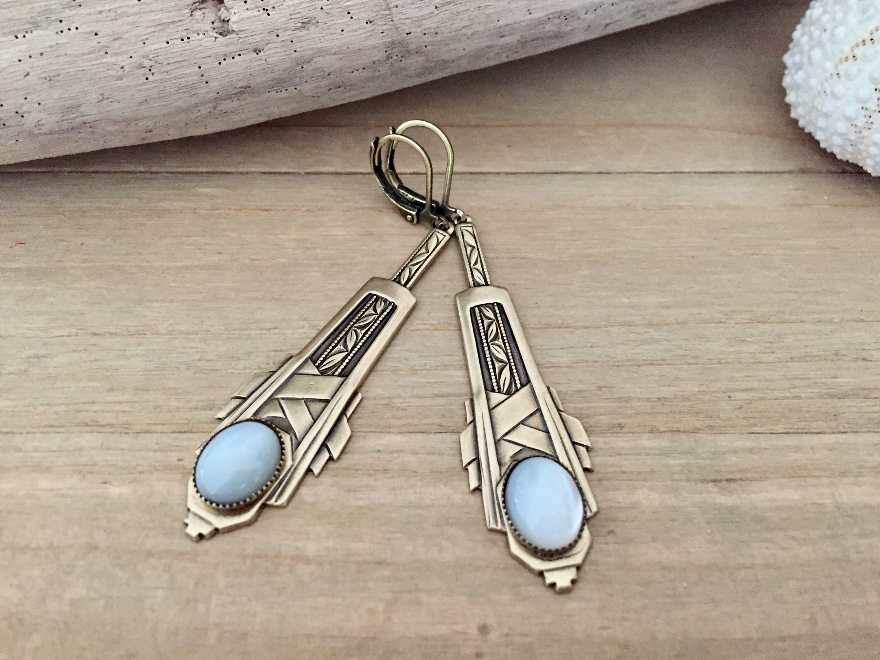 Ines Art Deco earrings featuring mother-of-pearl cabochon and sterling silver lever backs