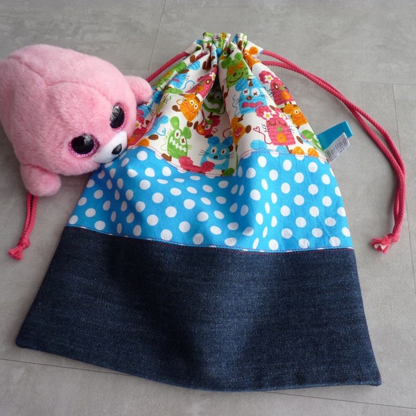 Beuteltasche für Kuscheltiere, Hausschuhe, Snacks... aus recyceltem Denim und Baumwolle mit lustigem Maus-Print