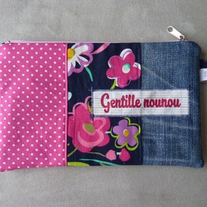 Cadeau nounou, merci nounou, jean recyclé, trousse "Gentille nounou"