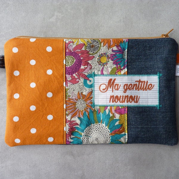 Cadeau nounou, trousse "Ma gentille nounou", trousse jean recyclé, bleu et vert