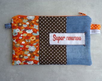 Cadeau nounou, trousse "Super nounou", jean recyclé, merci nounou