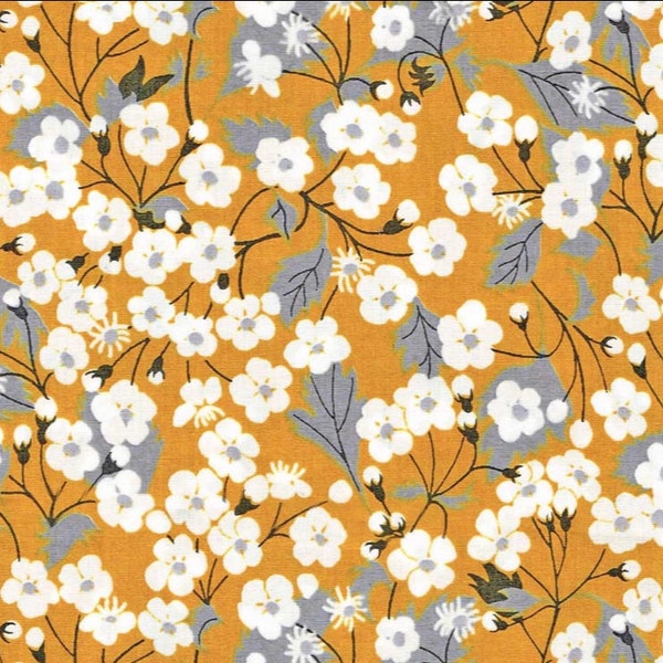 Tissu imprimé Liberty motif Mitsi jaune Liberty couleur moutarde gris