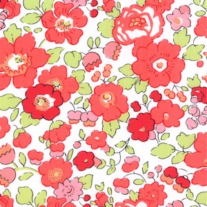 May include: A fabric pattern with a white backdrop, adorned with a repeating floral design. The pattern showcases red and pink flowers, complemented by green leaves and small pink buds. The flowers vary in size and petal count.