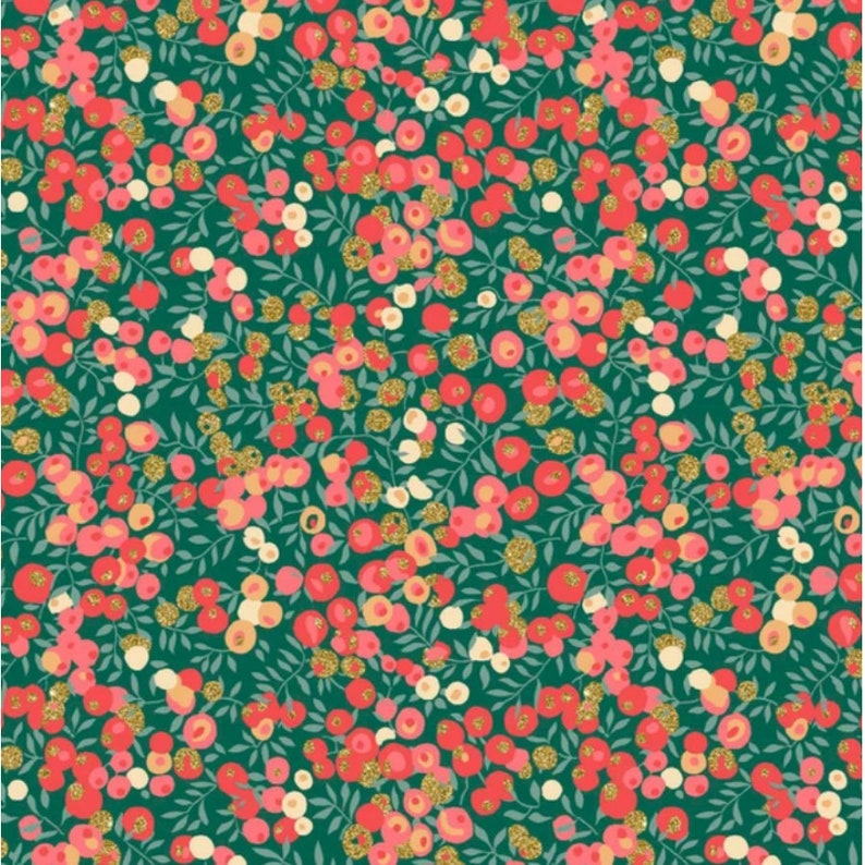 Liberty, Liberty fabric, Liberty WILTSHIRE CHRISTMAS metallic green and red, Liberty Wiltshire fabric, Wiltshire red, Liberty print image 1