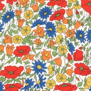 Liberty bedruckter Stoff Liberty Poppy Daisy Mohnfarbe rot orange blau