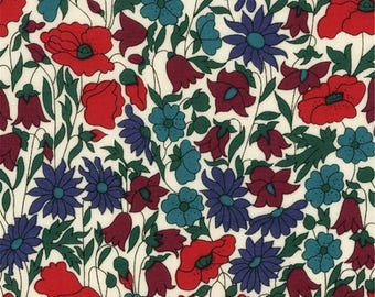 Tissu imprimé Liberty motif Liberty Poppy Daisy coquelicot couleur bleu blanc rouge